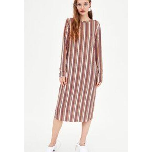 Zara Dress Pink Multicolor Colorful Striped Round Neck Midi Dress Size Small - Picture 1 of 11